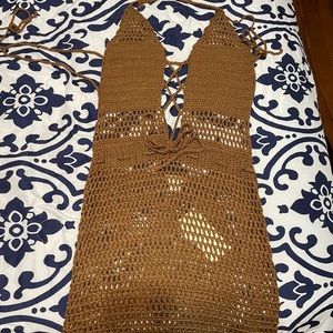 Brown crotchet beach cover up.